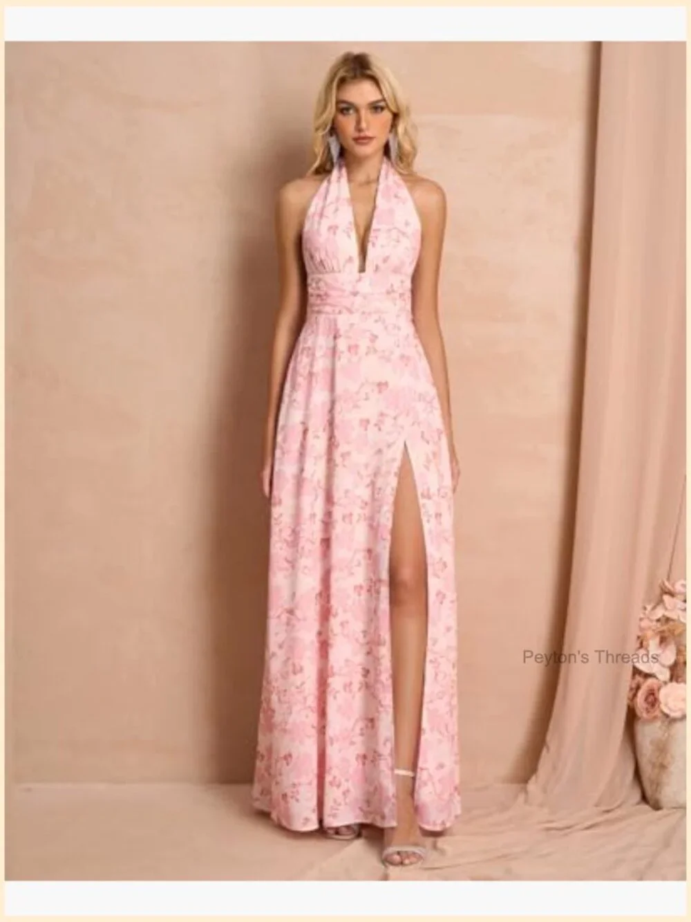 Elegant Halter V Neck Maxi Dress with Side Slit - Formal Evening Gown - Picture 2 of 7